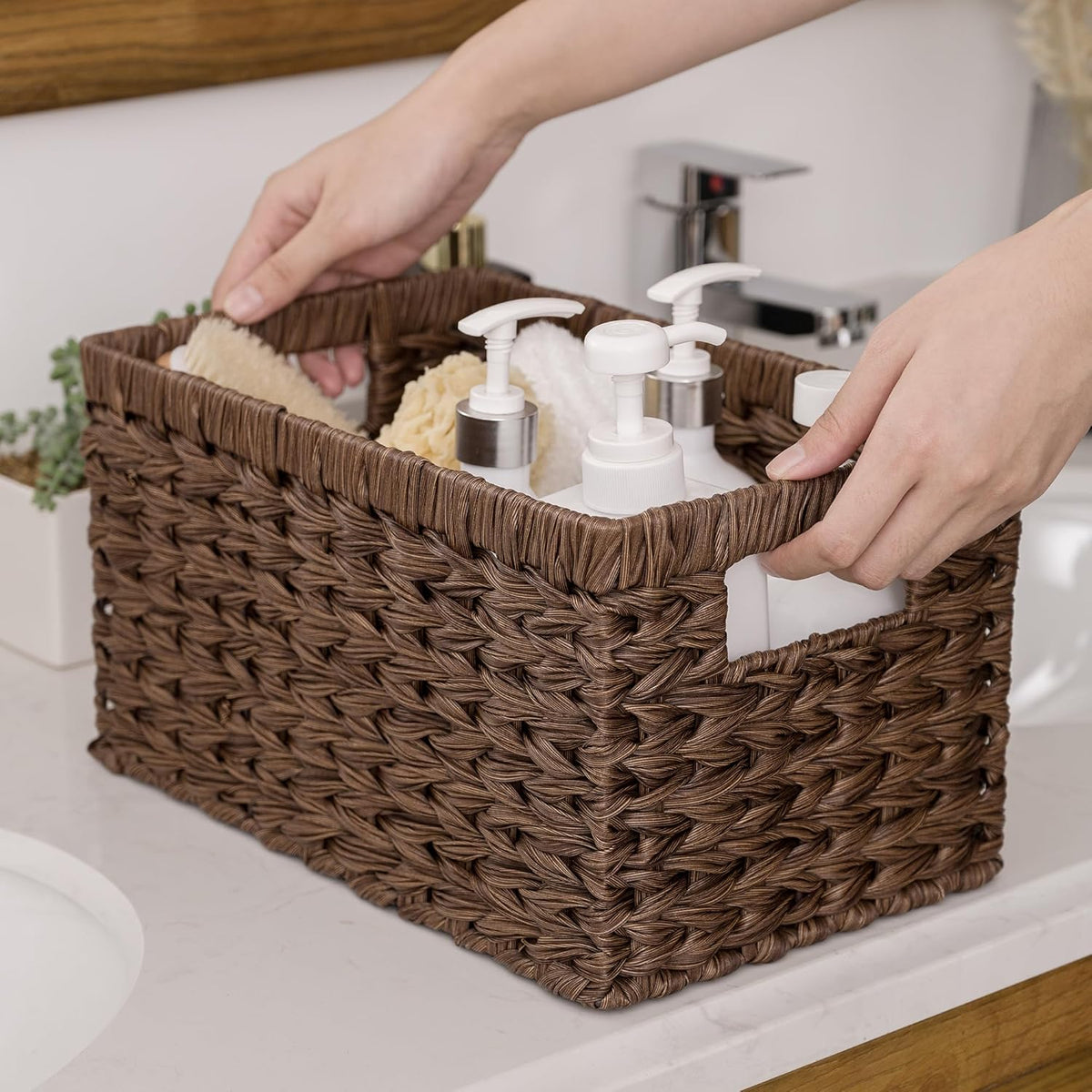 GRANNY SAYS Wicker Storage Baskets for Shelves, Wicker Baskets for Organizing, Waterproof Woven Basket for Pantry, Rectangle Basket for Shlef, Brown, 2-Pack