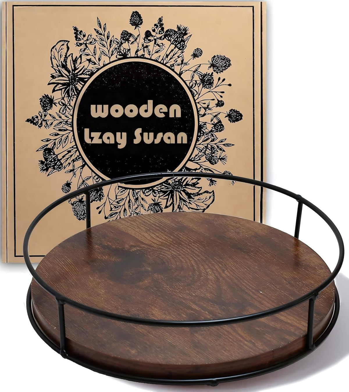 9" Acacia Wood Lazy Susan Turntable, Tomoaza Kitchen Organizer Turntable with Steel Sides, 360 Degree Lazy Susan for Countertop Cabinet or Dining Table