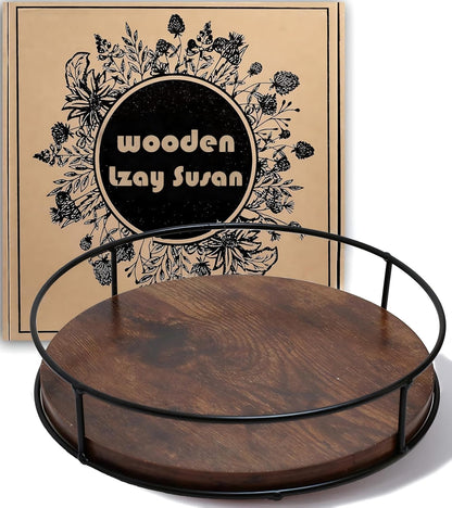 9" Acacia Wood Lazy Susan Turntable, Tomoaza Kitchen Organizer Turntable with Steel Sides, 360 Degree Lazy Susan for Countertop Cabinet or Dining Table