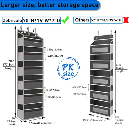 Over the Door Organizer Storage 6 Tier, 12 Large Capacity Side Pockets, Heavy Duty Metal Reinforced Hook Anti Tilt 75 LB Load Behind Door Storage for Bedroom Bathroom Pantry Nursery