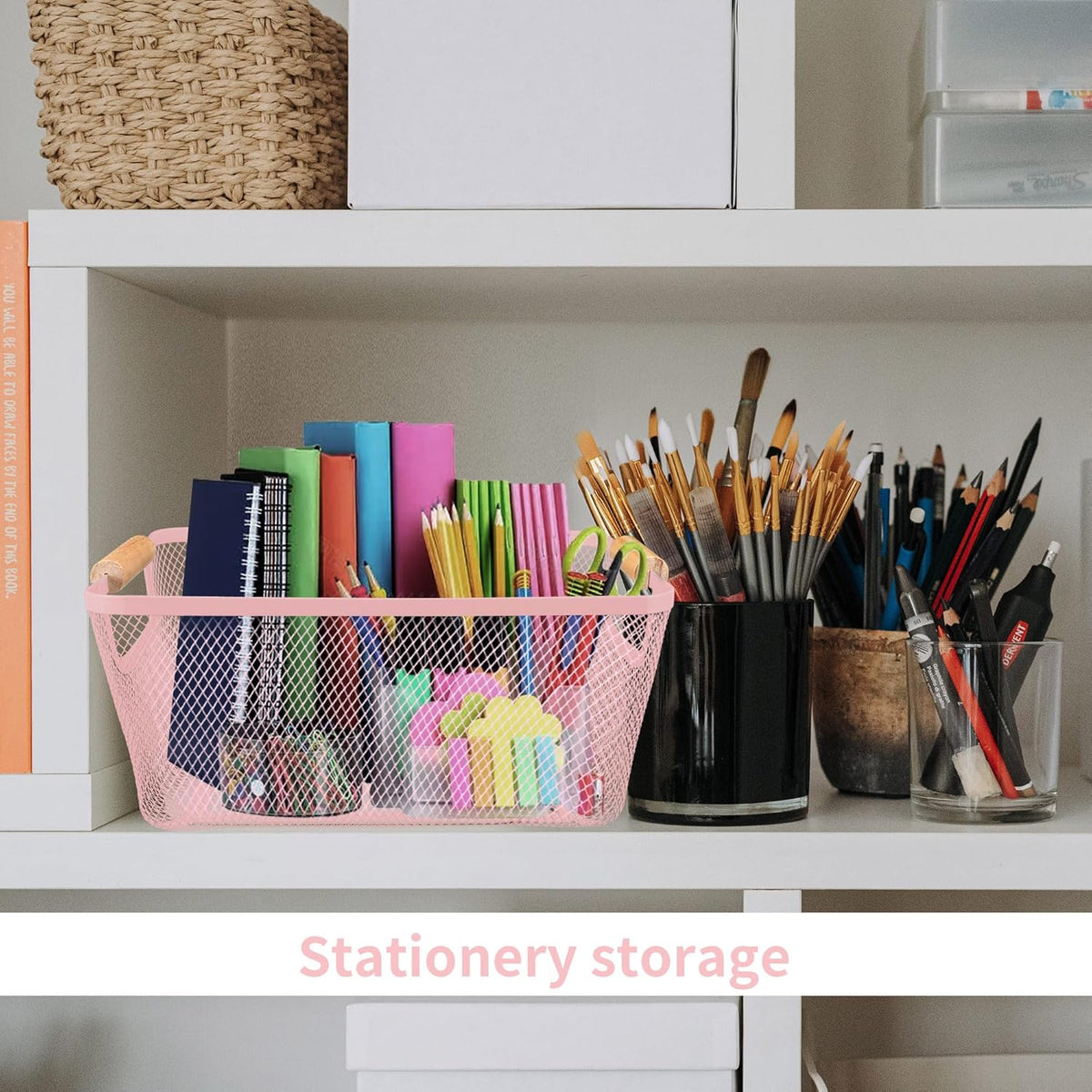 2 Pack 12" Wide Metal Mesh Baskets with Bamboo Handles for Pantry Organization | Wire Storage Bins for Kitchen, Cabinet, Fruit & Snacks | Decorative Farmhouse Style Organizer