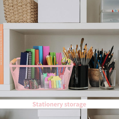 2 Pack 12" Wide Metal Mesh Baskets with Bamboo Handles for Pantry Organization | Wire Storage Bins for Kitchen, Cabinet, Fruit & Snacks | Decorative Farmhouse Style Organizer
