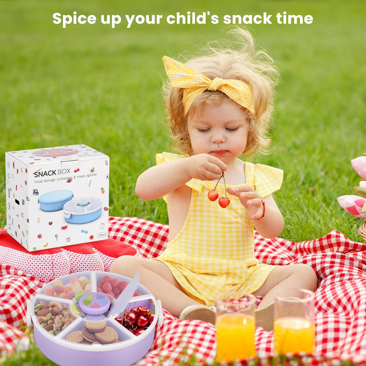 Pawtong Snack Rotator Container Reusable Snack Box with 5 Compartment Dispenser and Lid, Color Matching Opening Lid, BPA and PVC Free, for Home, School, Travel (Purple)
