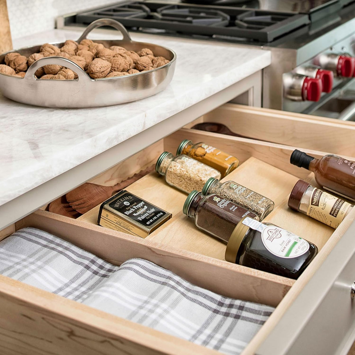 Rev-A-Shelf 36" 3 Tiered Seasoning Organizer, Trim-to-Custom-Fit Wooden Kitchen Draw and Cabinet Home Storage Insert, Pull Out Spice Rack, Maple, 4SDI-36-1