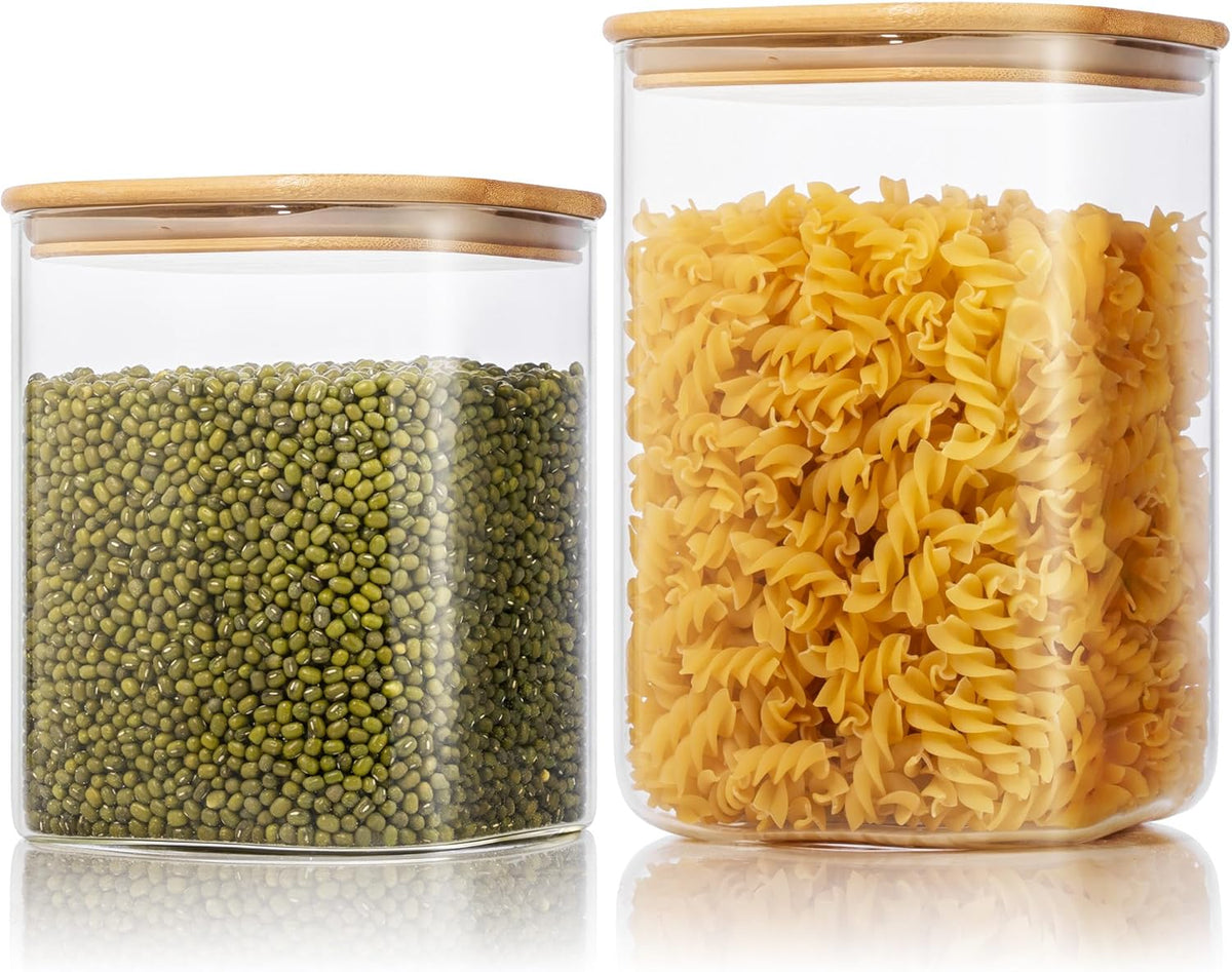 HomArtist Square Glass Jars with Bamboo Lids [Muti Size Set of 5], Glass Canisters with Airtight Lids, Glass Food Storage Containers for Pasta, Cereal, Flour, Sugar, Best for Kitchen & Pantry