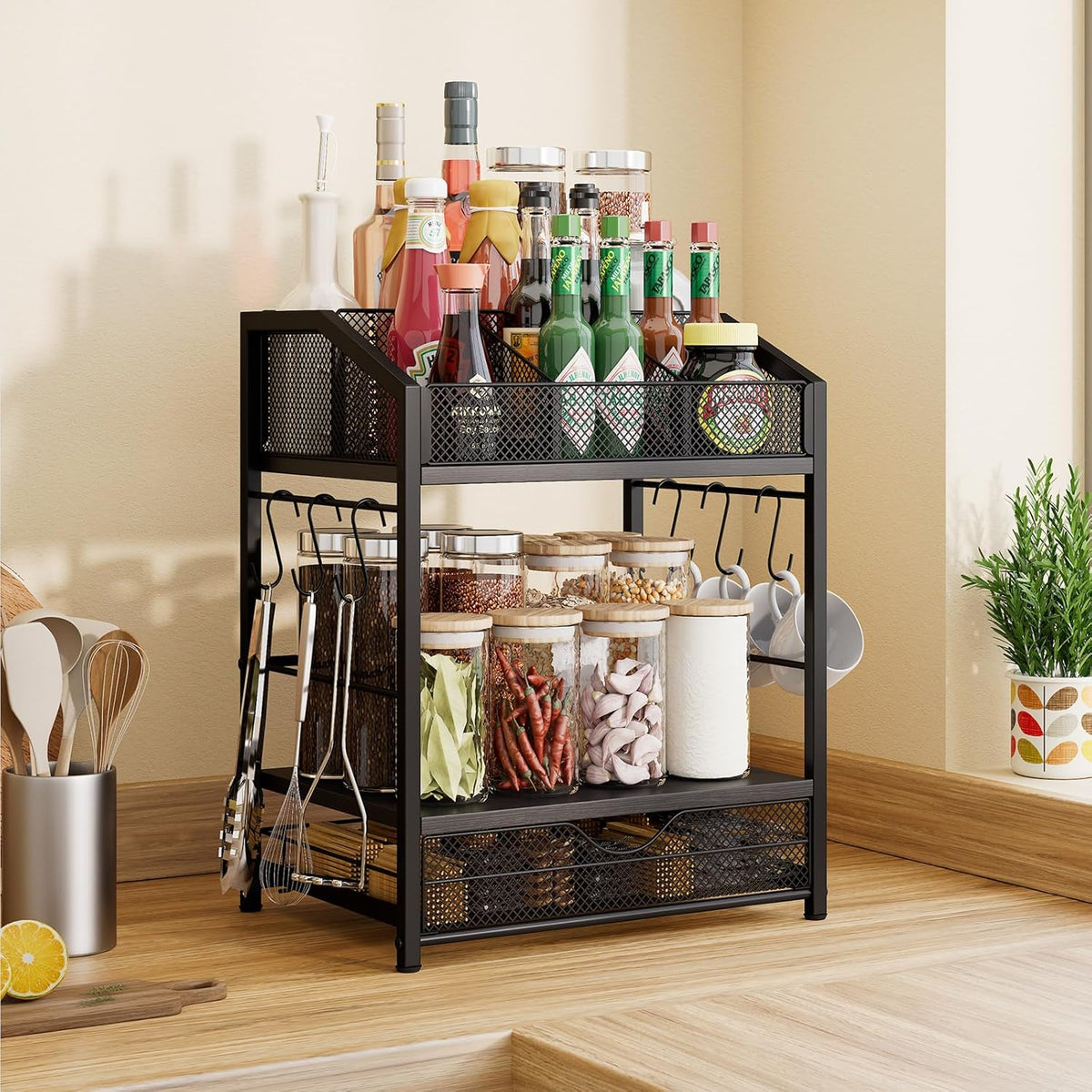 Homsorout Coffee Bar Organizer - Countertop Coffee Station, 42 K Cup holder Storage Basket with Drawer and Hooks for Syrup, Cups, Stirrer, Condiment, Tea Organizer, Black and Brown
