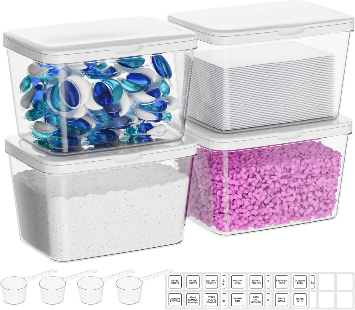 Vtopmart 4 Pack Laundry Pods Container and Dryer Sheet Holder, Detergent Powder Container with Lids &Labels & Scoop for Laundry Room Organization, Laundry Storage for Powder, Pods, Scent Booster Beads
