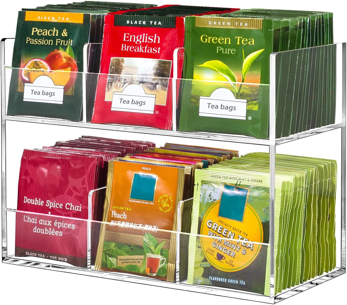 BEYGORM Acrylic Tea Bag Organizer for 216 Tea Packets, No Assembly Required, Display Holder for Countertop, Vertical Tea Bag Caddy for Cabinet, Tea bar Accessories, Teabags Storage Containers