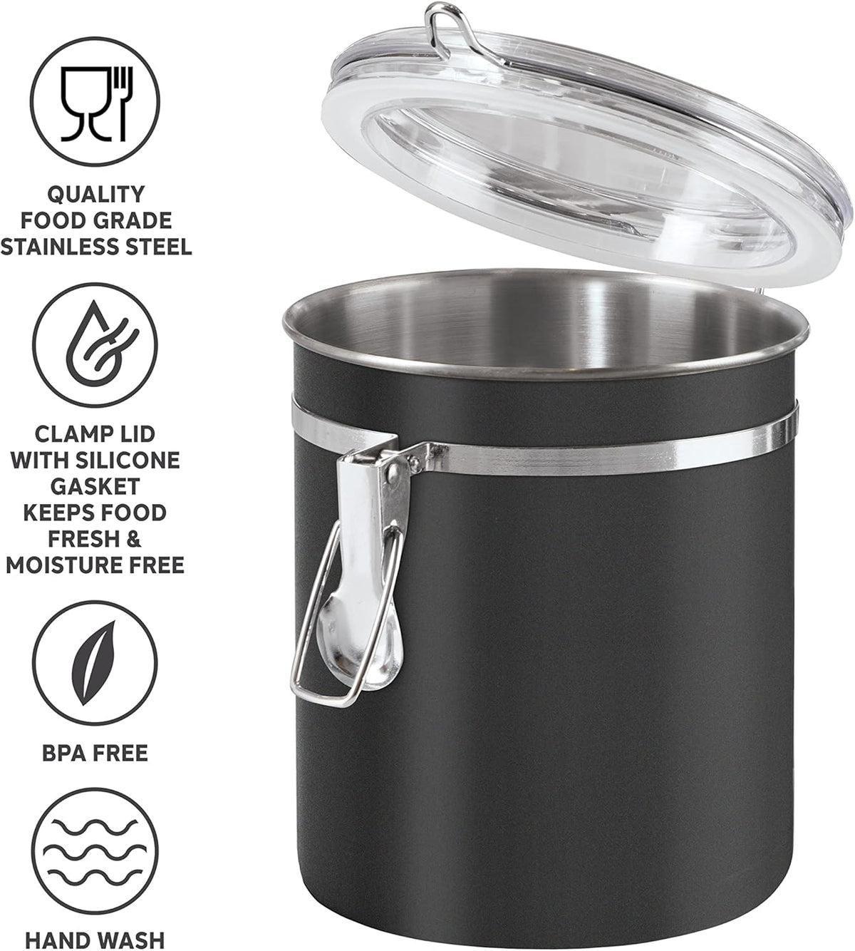 Oggi Stainless Steel Kitchen Canister 152 fl oz - Airtight Clamp Lid, Clear See-Thru Top - Ideal for Kitchen Storage, Food Storage, Pantry Storage. Jumbo Size 8" x 8".