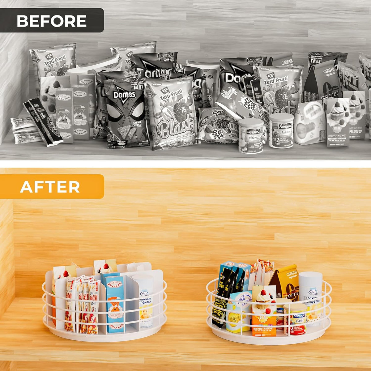 Snack Organizer - Versatile Snack Storage 2 Tier Lazy Susan with Convenient Grab-and-Go Design, Wood and Metal Snack Holder for Home, Office, Breakroom, 12.13" L x 12.13" W x 12.56" H