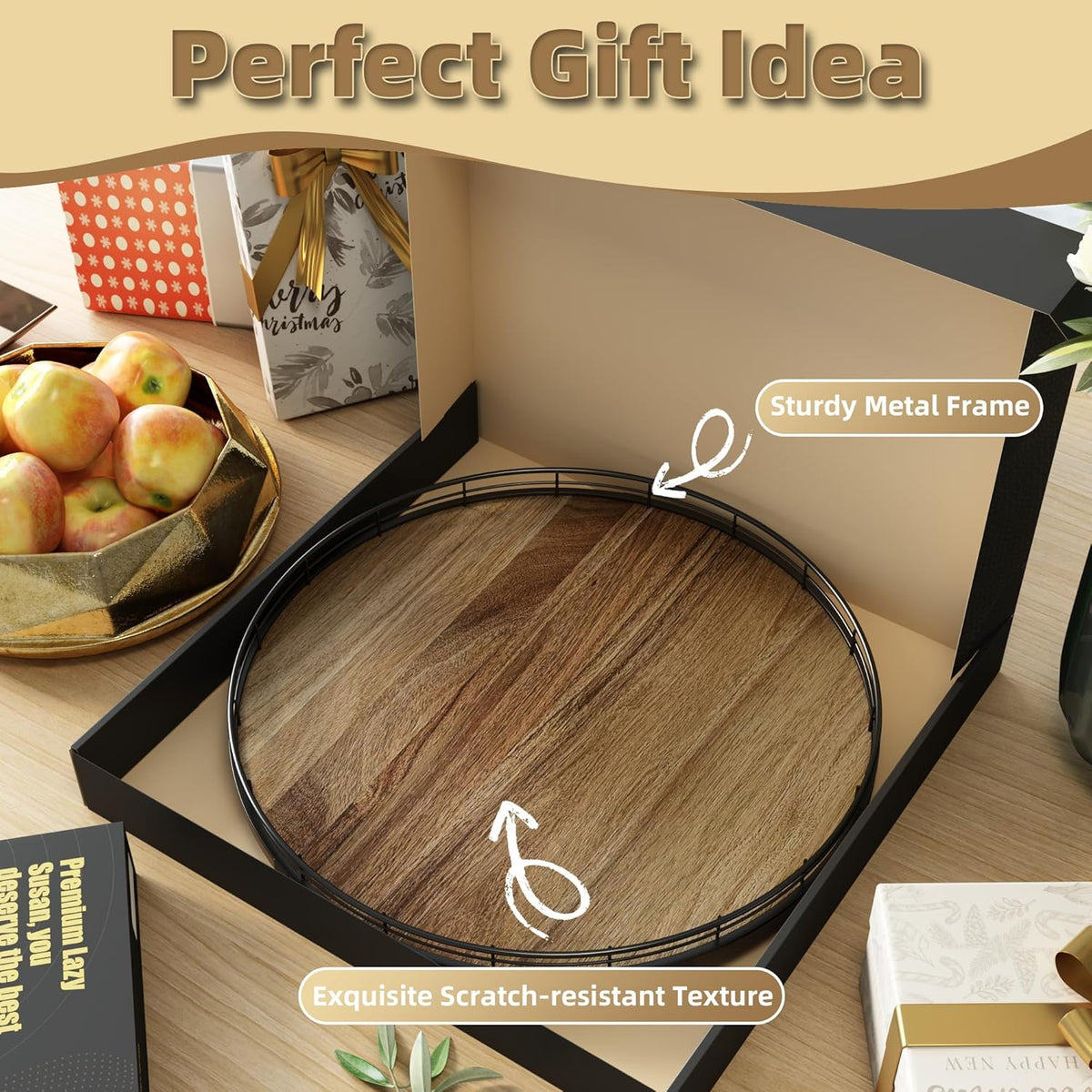 Acacia Wood 13" Lazy Susan Turntable Organizer for Table Top, Farmhouse Round Wooden Lazy Susan for Cabinet Kitchen Centerpieces Coffee Table, for Condiments Spices, Bathroom Vanity Tray Decor