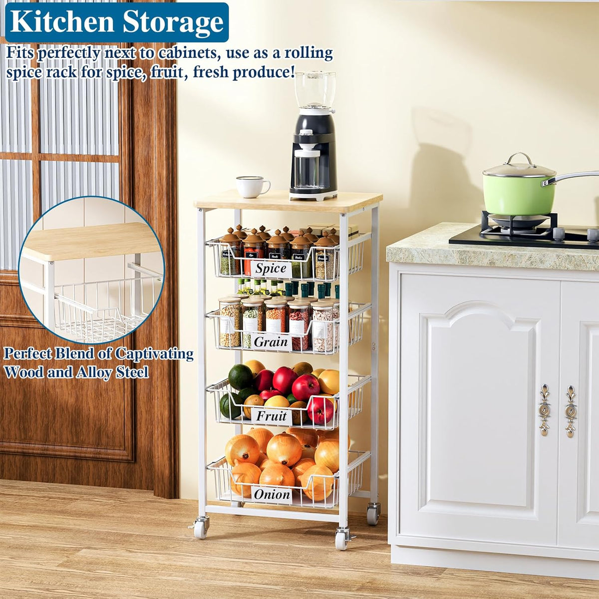 OKZEST 4-Tier Kitchen Storage Cart on Wheels – Mobile Fruit Basket Stand with Drawers & Wooden Top, Small Rolling Pantry Shelf for Potatoes, Onions, Bottled Drinks, Cans, Snacks – Includes 3 PE Liners