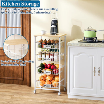OKZEST 4-Tier Kitchen Storage Cart on Wheels – Mobile Fruit Basket Stand with Drawers & Wooden Top, Small Rolling Pantry Shelf for Potatoes, Onions, Bottled Drinks, Cans, Snacks – Includes 3 PE Liners