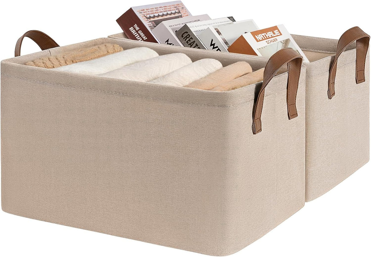 CHICVITA Large Storage Baskets for Shelves, Fabric Storage Bins with Metal Frame, Closet Organizers and Storage Boxes for Clothes Toy, Beige