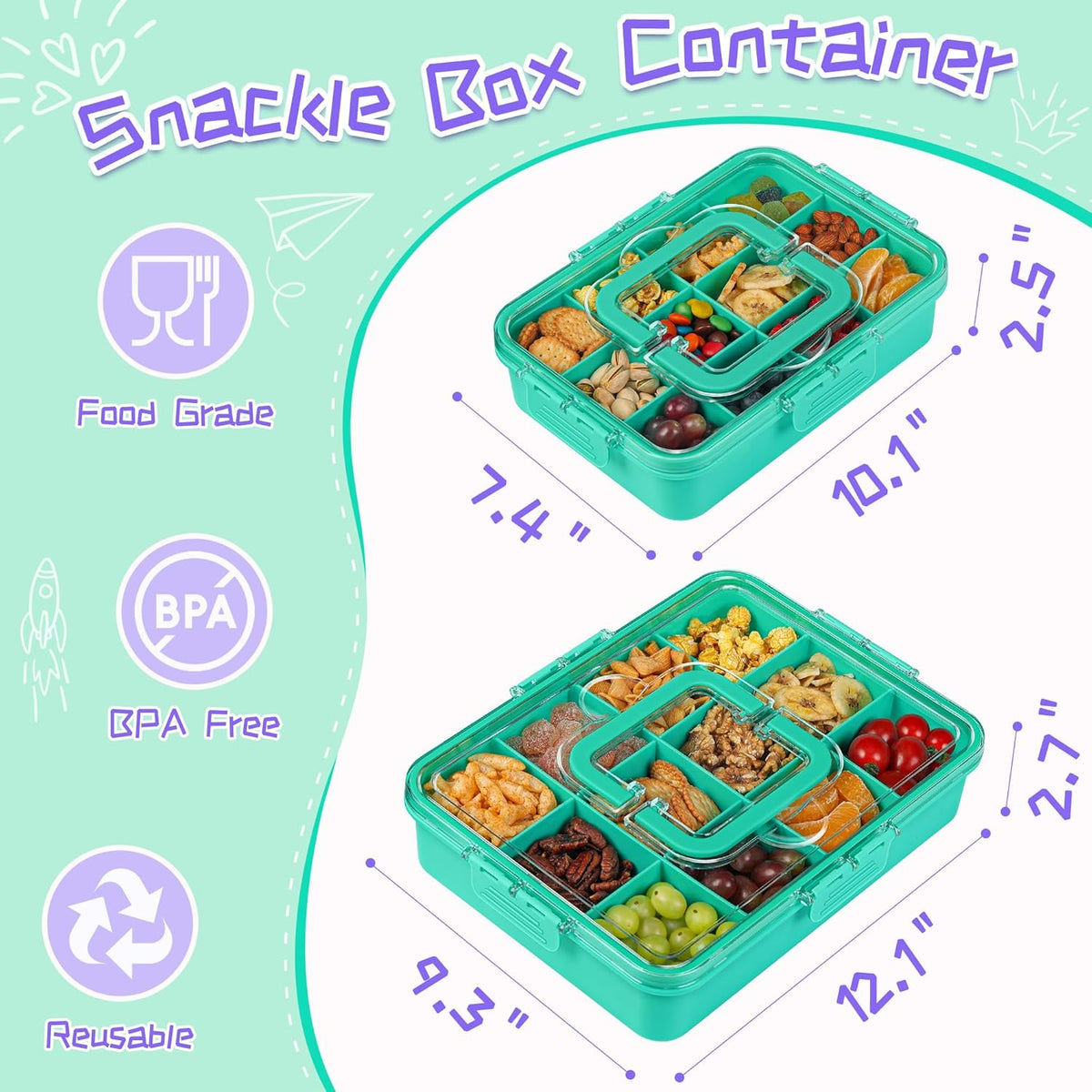 Xyptorix Snack Box Container for Kids - Adjustable 12-Compartment Snack Containers, Reusable Bento Box, Dishwasher Safe, BPA-Free, Perfect for School, Travel, Camping & Picnic, Ivory White