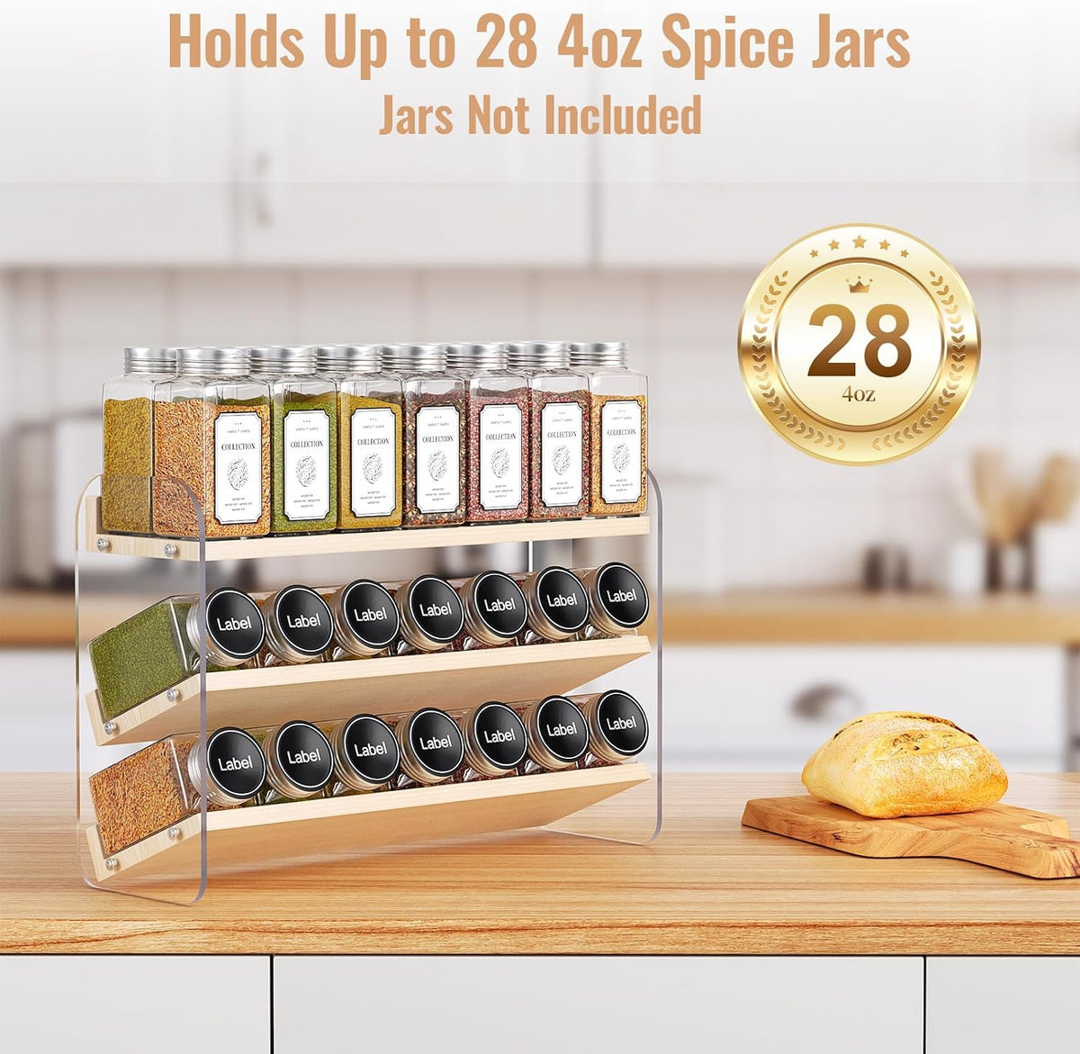 MUDEELA 4 Tier Spice Rack Organizer for Cabinet,Wooden Vertical Spice Shelf, Seasoning Organizer for Countertop, Kitchen, Pantry, Freestanding, 13.4" W × 11.2" H (No Jars Included), White