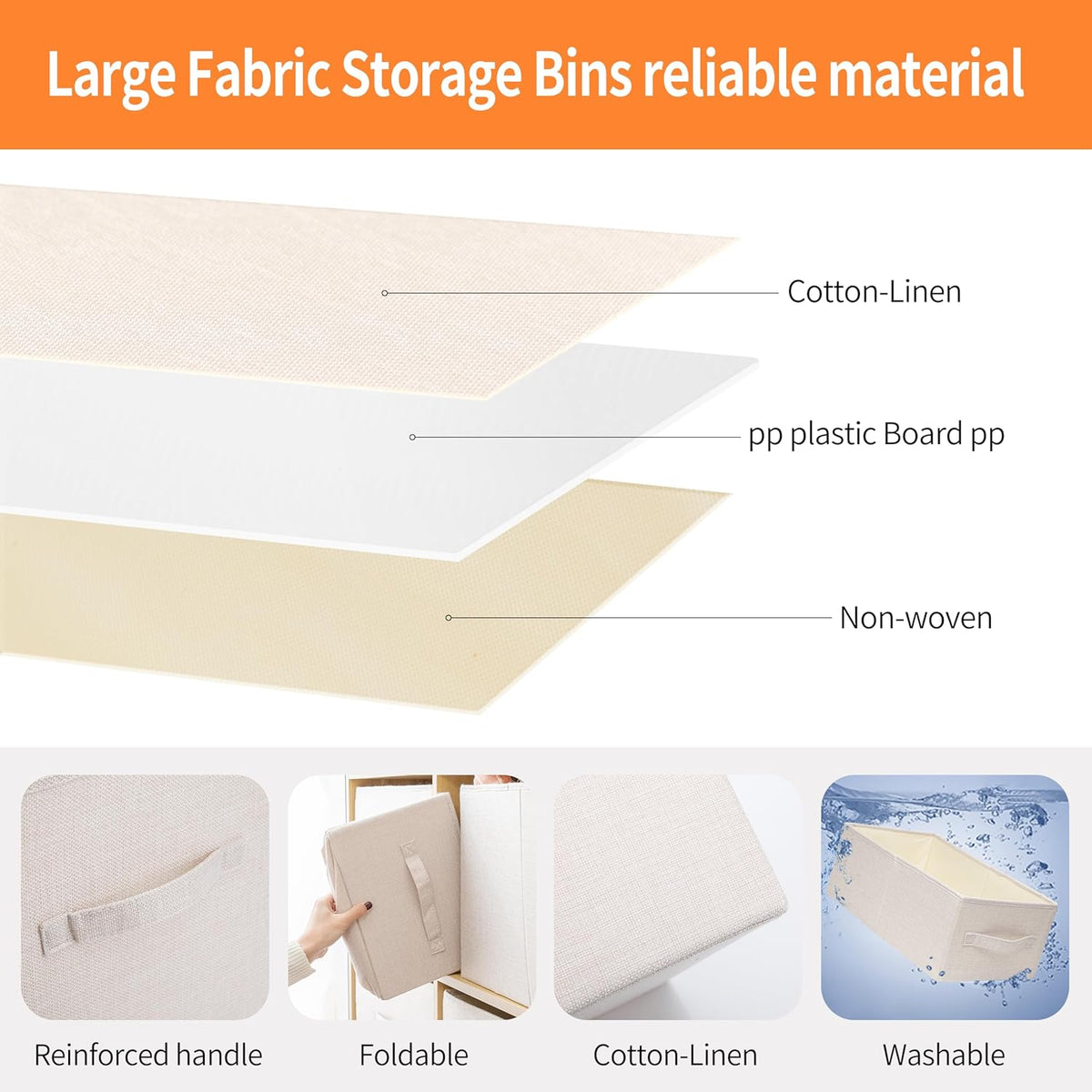 Linen Folding Storage Bins, 3 Pack Large Storage Baskets, Washable, Clothing Storage Bins with Handle, Closet Organizer for Storage Sweater,Sheets(Beige, 18½"x11 x8½)