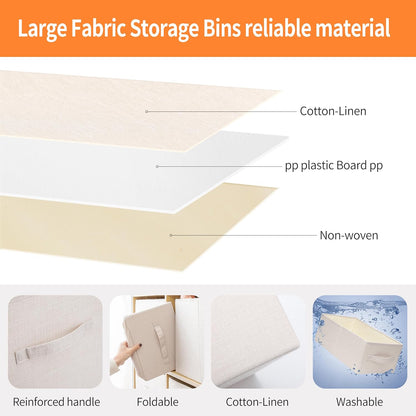 Linen Folding Storage Bins, 3 Pack Large Storage Baskets, Washable, Clothing Storage Bins with Handle, Closet Organizer for Storage Sweater,Sheets(Beige, 18½"x11 x8½)