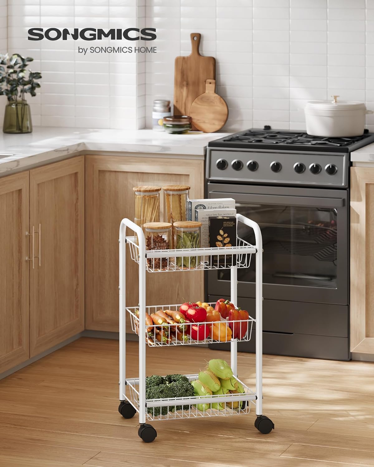 SONGMICS 3-Tier Metal Rolling Cart on Wheels with Baskets, Lockable Utility Trolley with Handles for Kitchen Bathroom Closet, Storage with Removable Shelves, Black UBSC03BK