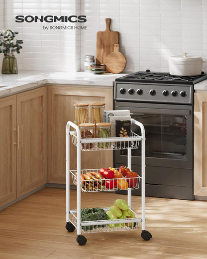 SONGMICS 3-Tier Metal Rolling Cart on Wheels with Baskets, Lockable Utility Trolley with Handles for Kitchen Bathroom Closet, Storage with Removable Shelves, Black UBSC03BK