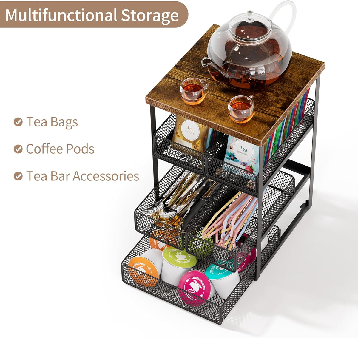 Tea Bag Organizer, 4 Tier Tea Bag Holder with 5 Drawers, Wood and Metal Tea Organizers and Storage Chest for Countertop Kitchen, Office, Brown