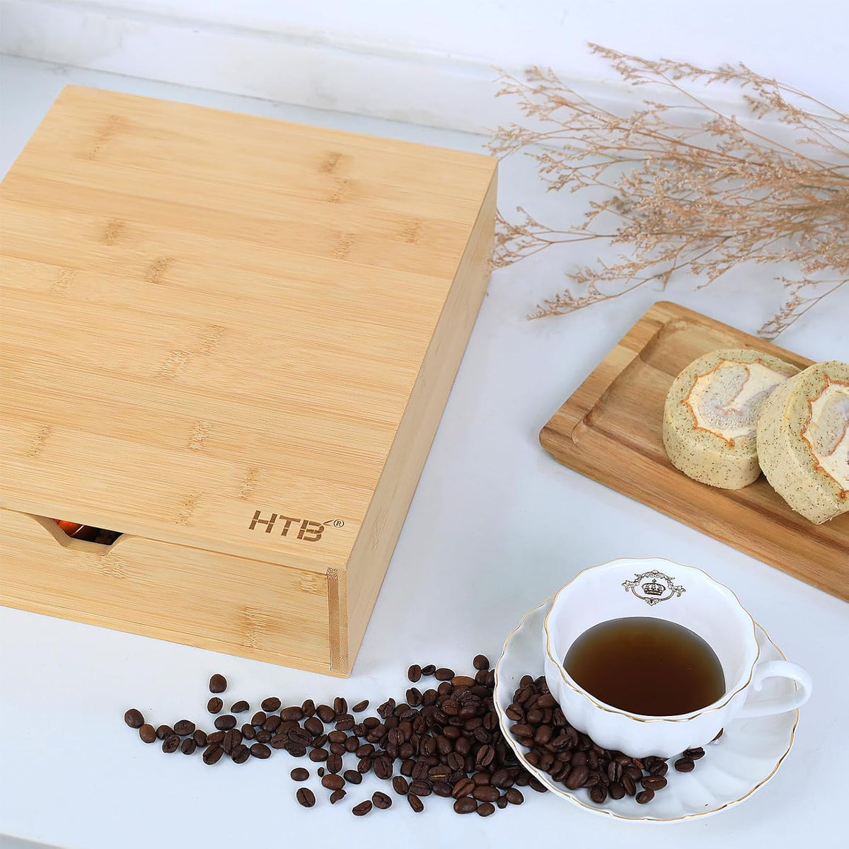 HTB K Cup Holder Compatible with K Cups,Coffee Pod Holder Holds Up 30 Cups,K Cup Organizer Storage Drawer (Wood-b)