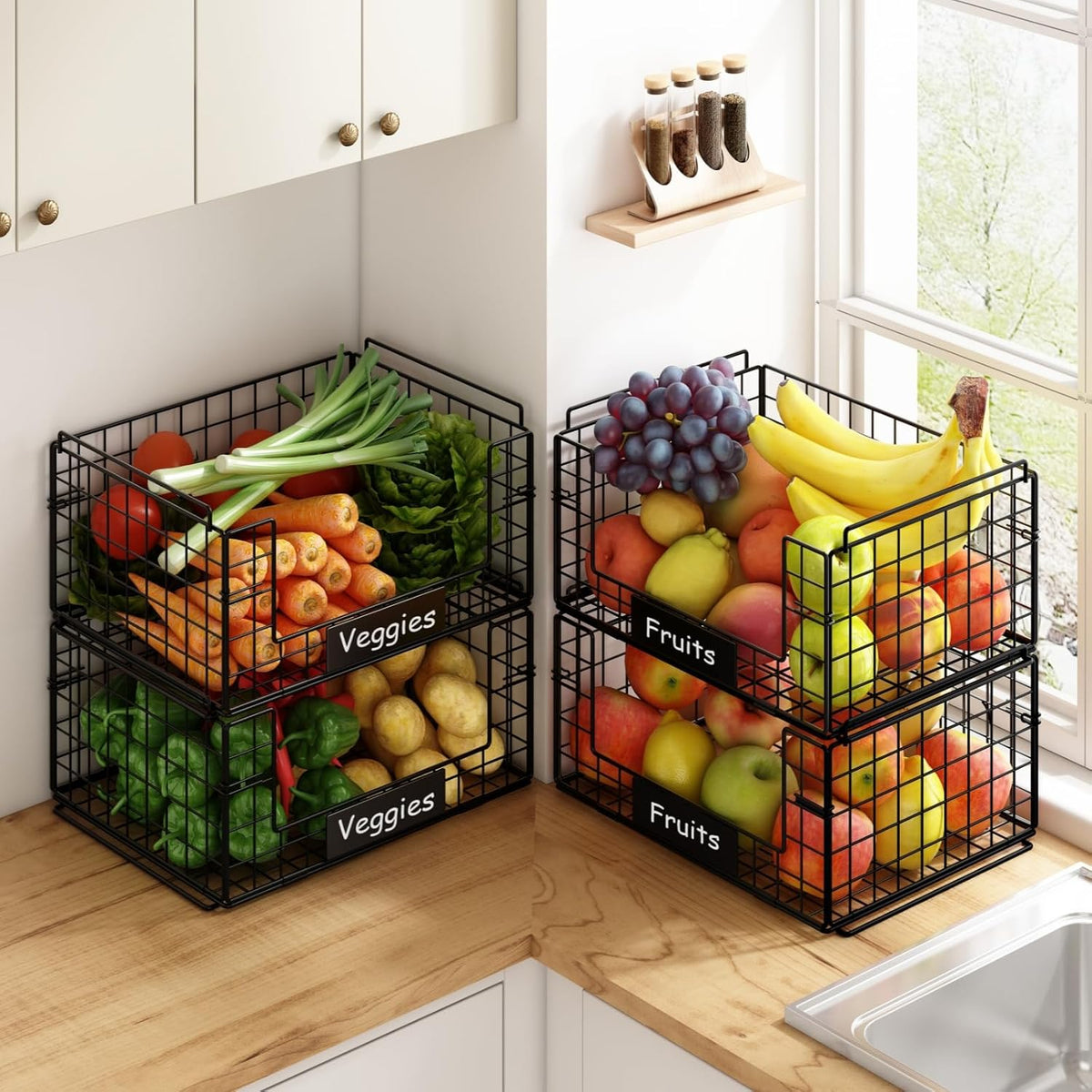 JKsmart 4 Pack XXL Stackable Wire Baskets with Handles for Pantry Storage and Organization,Fruit and Vegetable Basket with Name Plates,Metal Storage Bins for Snack Can Fruit Veggies