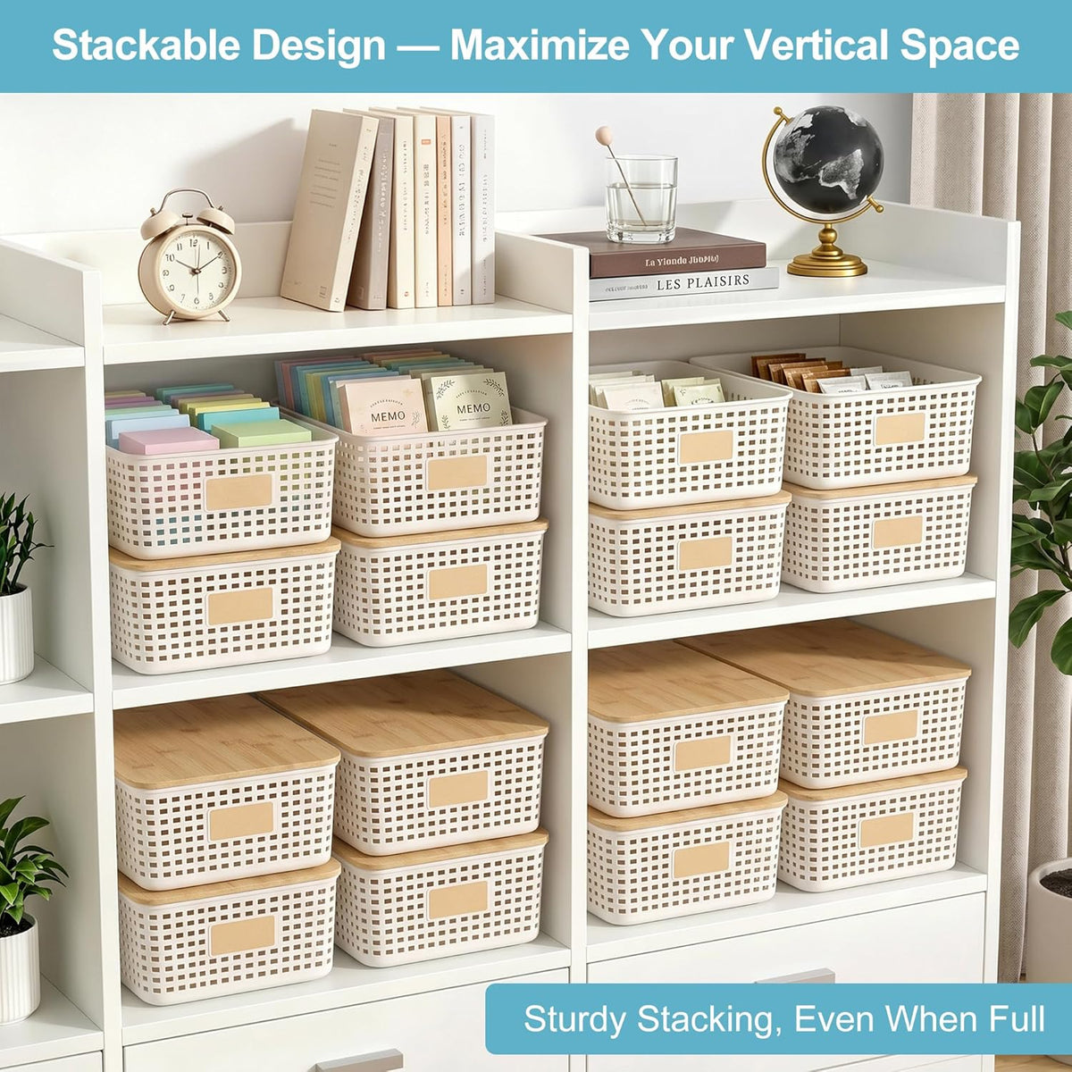 Bagnizer Small Plastic Storage Bins with Bamboo Lids 5.2qt Stackable Box Basket Pantry Decorative Containers Cute with Labels for Organizing Desktop Closet Office Cream White of 10*7.2*4.1"