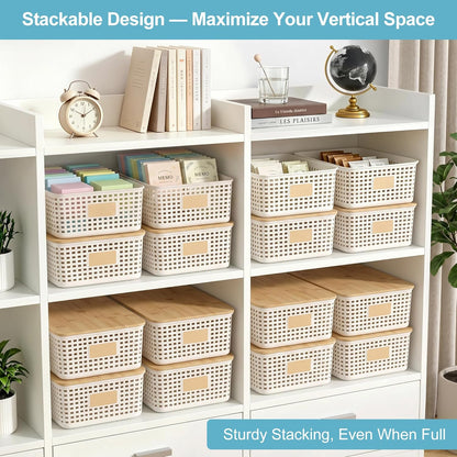 Bagnizer Small Plastic Storage Bins with Bamboo Lids 5.2qt Stackable Box Basket Pantry Decorative Containers Cute with Labels for Organizing Desktop Closet Office Cream White of 10*7.2*4.1"