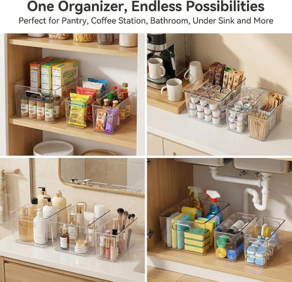 MOONEDGE Set of 4 Clear Plastic Organizer Bins, 2 Large & 2 Small Storage Bins for Pantry, Nestable Space-Saving Containers for Cabinets, Under-Sink, Bathroom, Kitchen & Freezer Organization