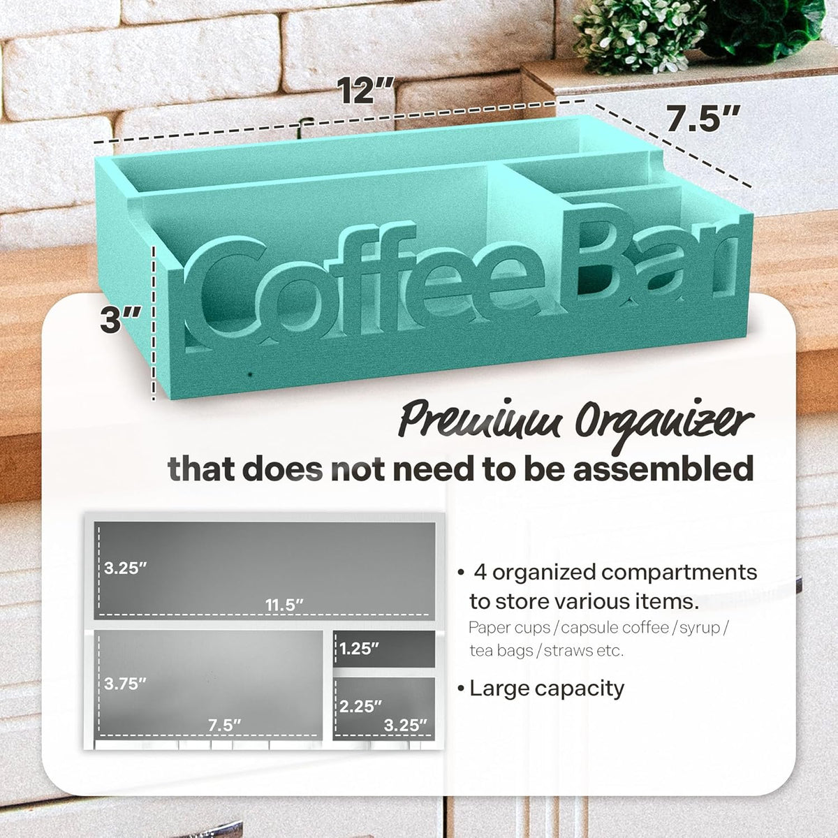 Coffee Bar Organizer for Countertop – Wooden Coffee Caddy with Compartments for Pods, Sugar Packets, and Accessories – Coffee Condiment Station Storage for Home and Office (Black)