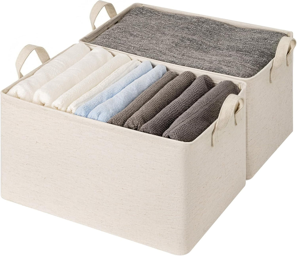 StorageWorks Storage Bins, Shelves Baskets for Organizing, Fabric Closet Organizers with Handles, Metal Frame, Beige-Cotton-linen, 2-Pack