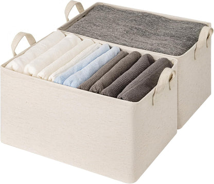 StorageWorks Storage Bins, Shelves Baskets for Organizing, Fabric Closet Organizers with Handles, Metal Frame, Beige-Cotton-linen, 2-Pack