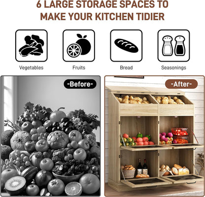 Potato And Onion Storage Bin with Lid,Veggie Bin W/6 Large Storage Box.Root Vegetable Storage Box For Kitchen,Farmhouse Potato Storage Bin W/4 Mesh Doors,Bread Keeper for Toast,Bagel,Donut,Cookies