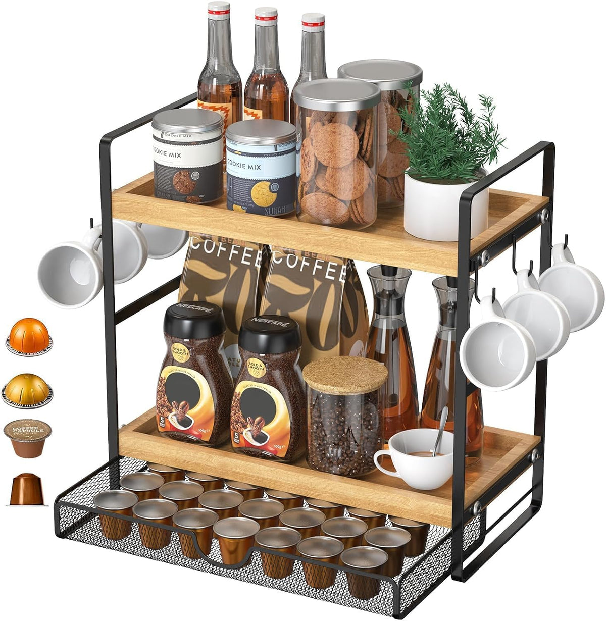 LEMIKKLE 2-Tier Coffee Bar Organizer With Basket,Wooden Counter Shelf for Coffee Bar Accessories,Kitchen Spice Rack Organizer for Countertop-Brown