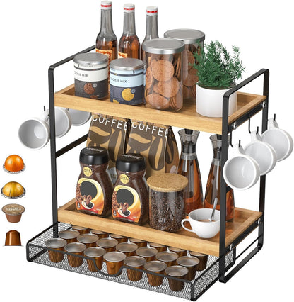 LEMIKKLE 2-Tier Coffee Bar Organizer With Basket,Wooden Counter Shelf for Coffee Bar Accessories,Kitchen Spice Rack Organizer for Countertop-Brown