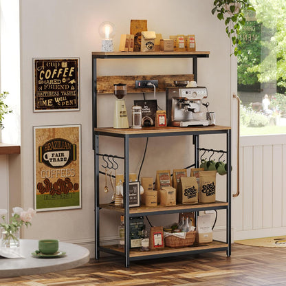 SUPERJARE Kitchen Bakers Rack with Power Outlet, Coffee Bar Table 4 Tiers, Kitchen Microwave Stand with 6 S-shaped Hooks, Storage Shelf Rack for Spices, Pots and Pans - Rustic Brown