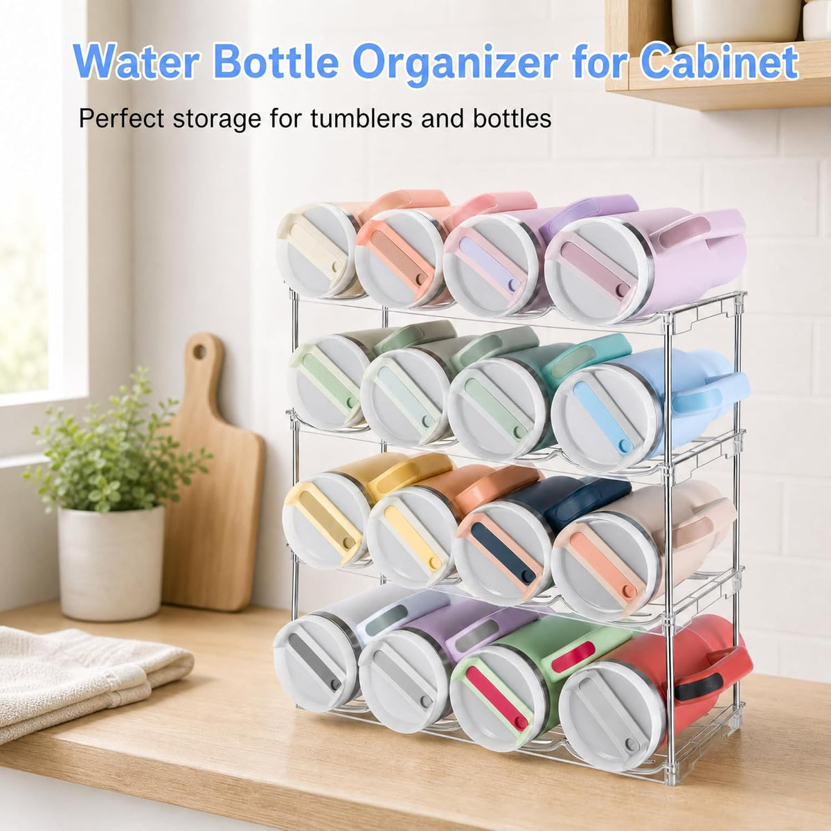 Water Bottle Organizer for Cabinet, Large Compartment Tumbler Organizer for Stanley 40oz Tumbler, Stackable Stanley Cup Organizer Holder for Cabinet, Kitchen Countertop Organization & Storage, 4 Pack