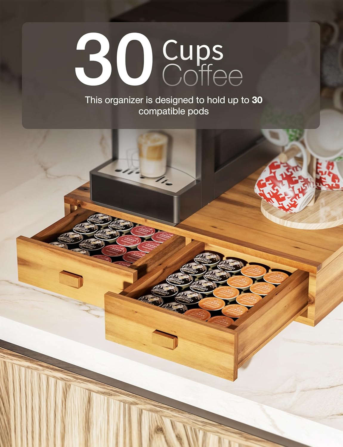 Tinamo Acacia Wood Coffee Pod Storage Box, 30 Pod Capacity, Coffee Pods and Tea Organizer Holder, K Pod Drawer Coffee Maker Machine Stand, for K-Cup Drawer Organizer Under Brewer (Acacia, 2 drawer)
