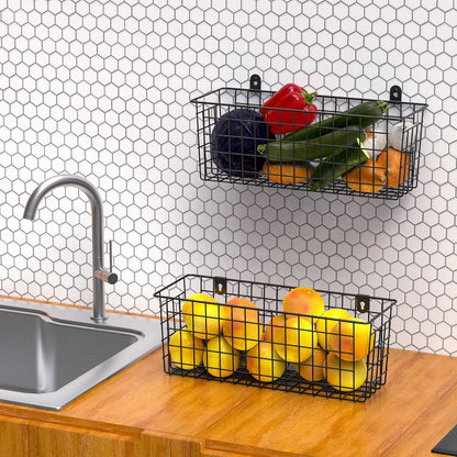 MaraFansie [Extra Large] Wire Basket Hanging Wall Organizer Cabinet Storage Basket Wall Mounted Shelves Rustic Farmhouse Decor for Home Kitchen Bathroom, BLACK