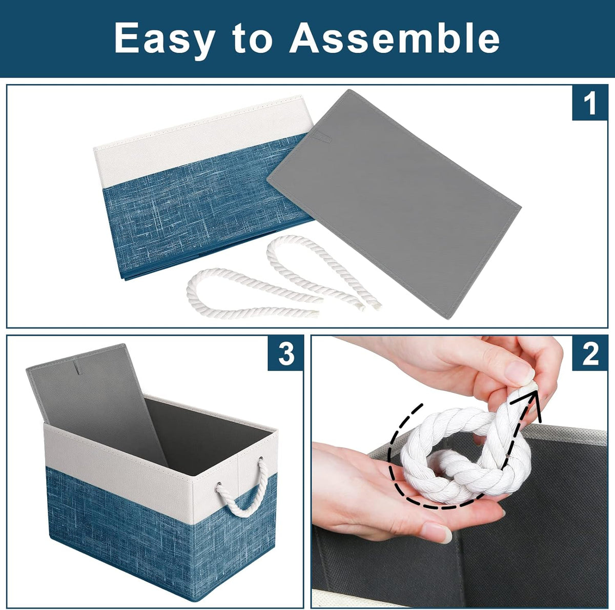 Fab totes Storage Bins, Foldable Storage Baskets for Organizing Toys, Books, Shelves, Closet, Large Storage Box with Rope Handles, Sturdy Organizer Bins, White & Grey