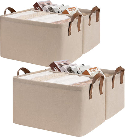 CHICVITA Large Storage Baskets for Shelves, Fabric Storage Bins with Metal Frame, Closet Organizers and Storage Boxes for Clothes Toy, Beige