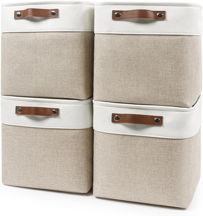 Bagnizer Large Fabric Storage Baskets | 50L Storage Bins, Decorative Linen Closet Baskets with Handles for Organizing, Shelf, Toys, Clothes, Home, Office, Nursery, 17x12x15Inches (Grey&White)