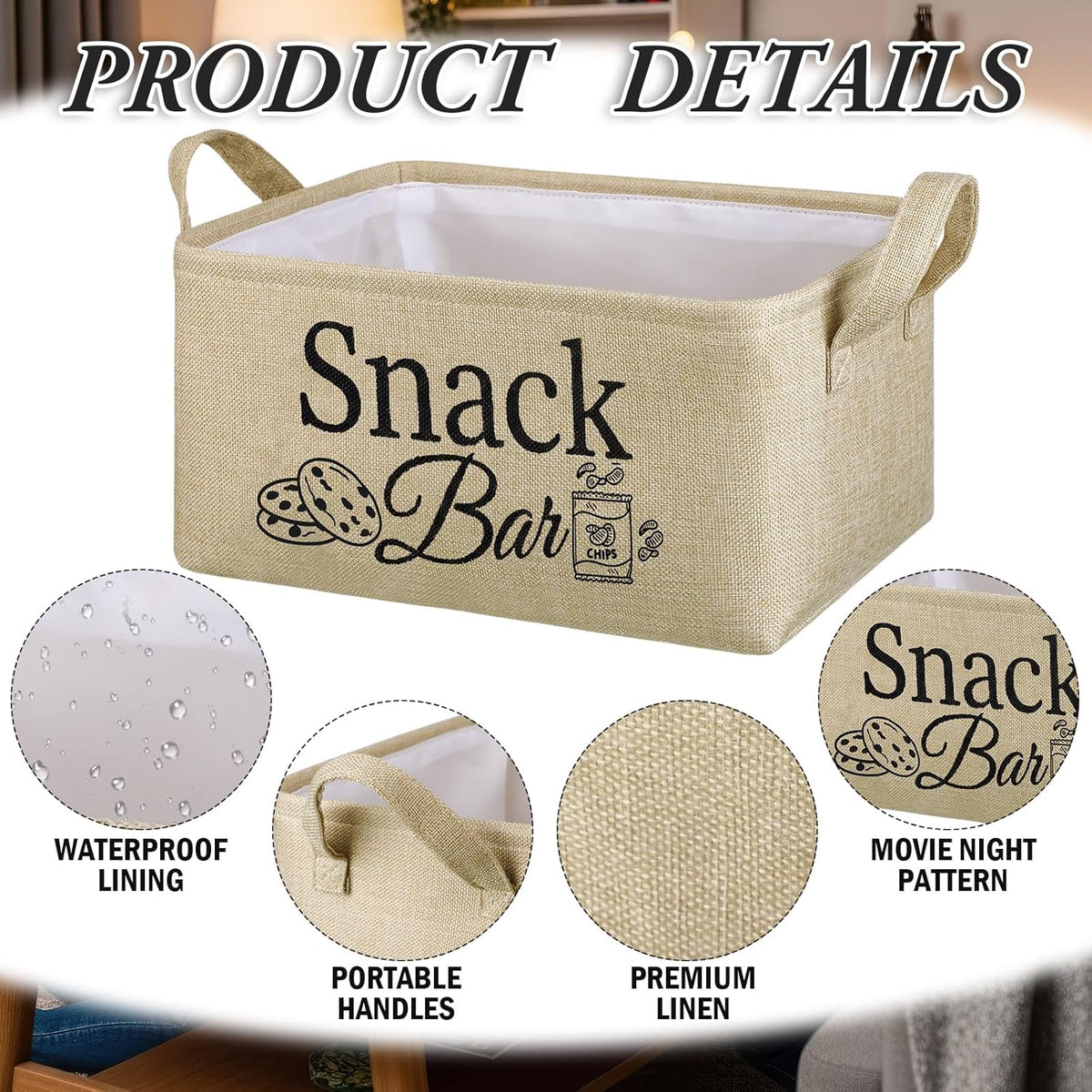 Snack Bar Organizer Basket, Burlap Fabric Snack Storage Holder with Waterproof Lining & Handles, Collapsible Bar Station Organizer Bin for Kitchen Pantry Cabinet Home Movie Night Party