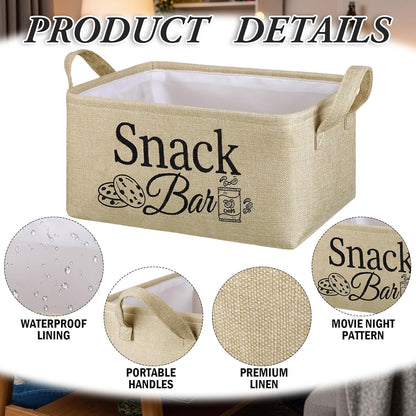 Snack Bar Organizer Basket, Burlap Fabric Snack Storage Holder with Waterproof Lining & Handles, Collapsible Bar Station Organizer Bin for Kitchen Pantry Cabinet Home Movie Night Party