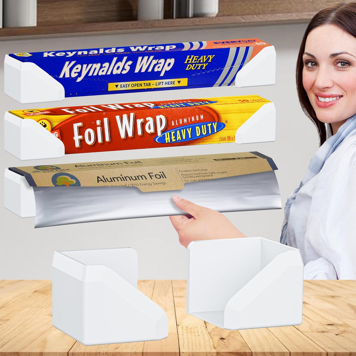 Skywin Adhesive Foil and Plastic Wrap Organizer Includes 2 Holders, Fits Box Width up to 2.4in/61mm, Heavy Duty Aluminum Foil Organization and Storage (White)