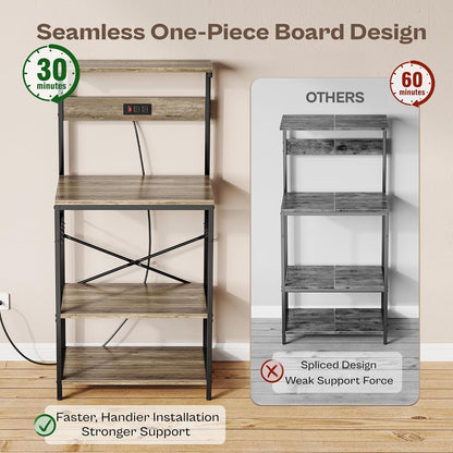 SUPERJARE Kitchen Bakers Rack with Power Outlet, Coffee Bar Table 4 Tiers, Kitchen Microwave Stand with 6 S-shaped Hooks, Storage Shelf Rack for Spices, Pots and Pans - Rustic Brown
