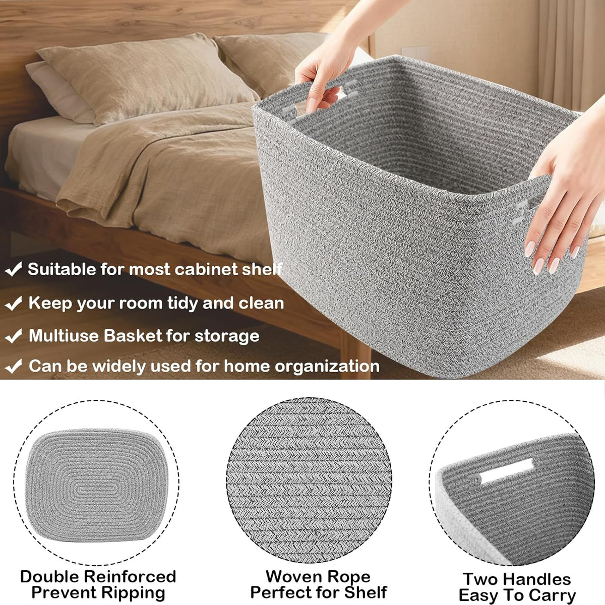 3 Pack Woven Rope Storage Baskets for Shelves,13.5"×11"×9.5" Storage Bins with Handles,Empty Gift Baskets,Nursery Organizer for Toys,Towels,Books,Closet,Living Room,Bedroom (White & Brown)