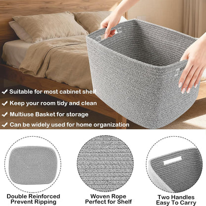 3 Pack Woven Rope Storage Baskets for Shelves,13.5"×11"×9.5" Storage Bins with Handles,Empty Gift Baskets,Nursery Organizer for Toys,Towels,Books,Closet,Living Room,Bedroom (White & Brown)