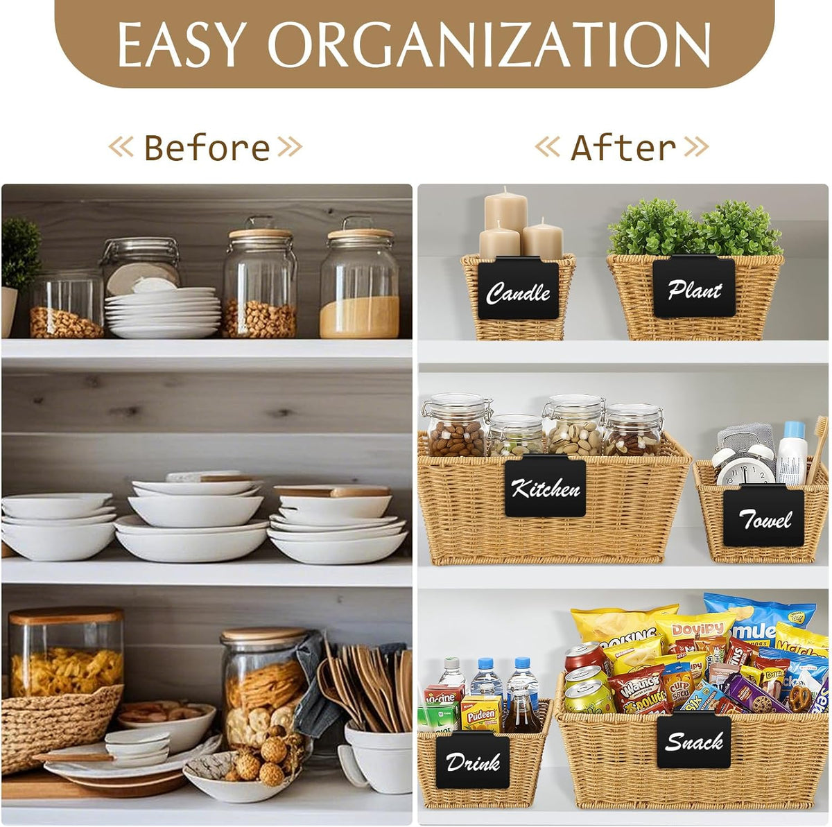 Marsui 6 Pcs Wicker Storage Baskets with Labels Handwoven Multi-size Brown Wicker Storage Bins for Organizing Small Baskets Container for Shelves Closet Pantry Toilet(Brown )